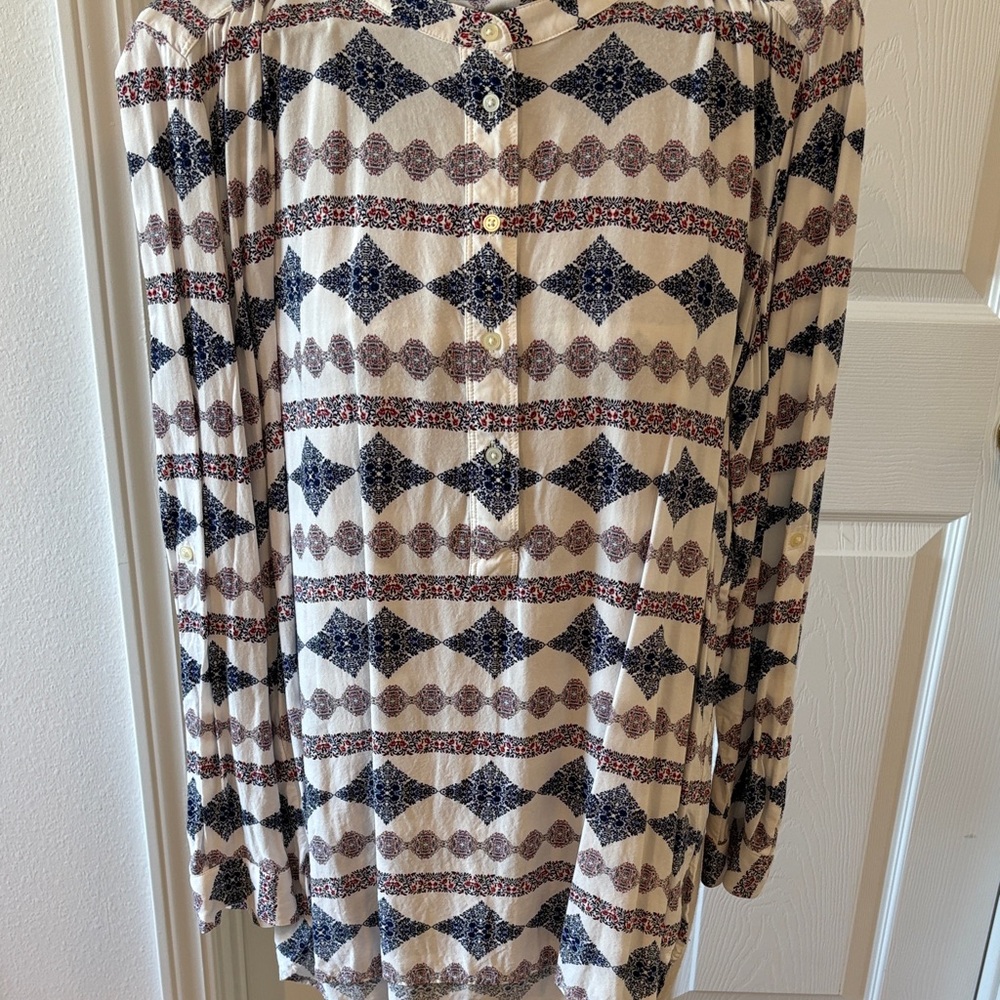 Loft Women’s Printed Button-Front Blouse/Tunic in Cream and Navy Size XL